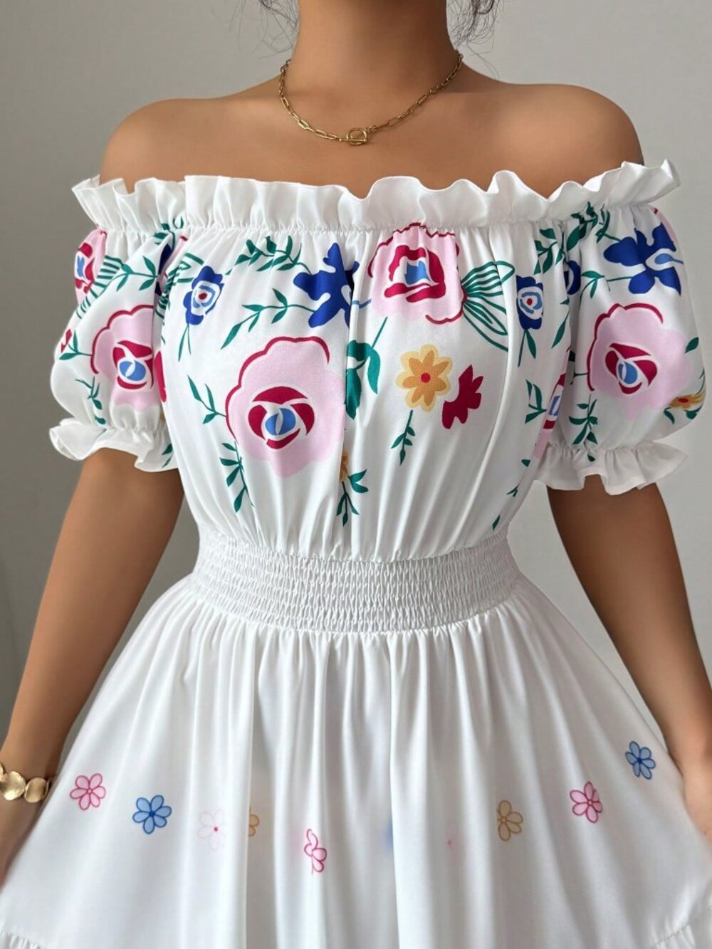 Multicolor Boho Women's off-Shoulder Puff Sleeve Floral Print Maxi Dress - Picture 4 of 7